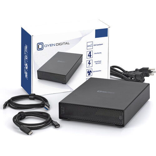 Oyen Digital external hard drive with packaging, cables, and power adapter on a white background