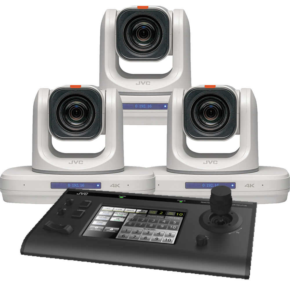 JVC 3x PZ510 PTZ Cameras in White and 1x FREE RM-LP100U PTZ Controller