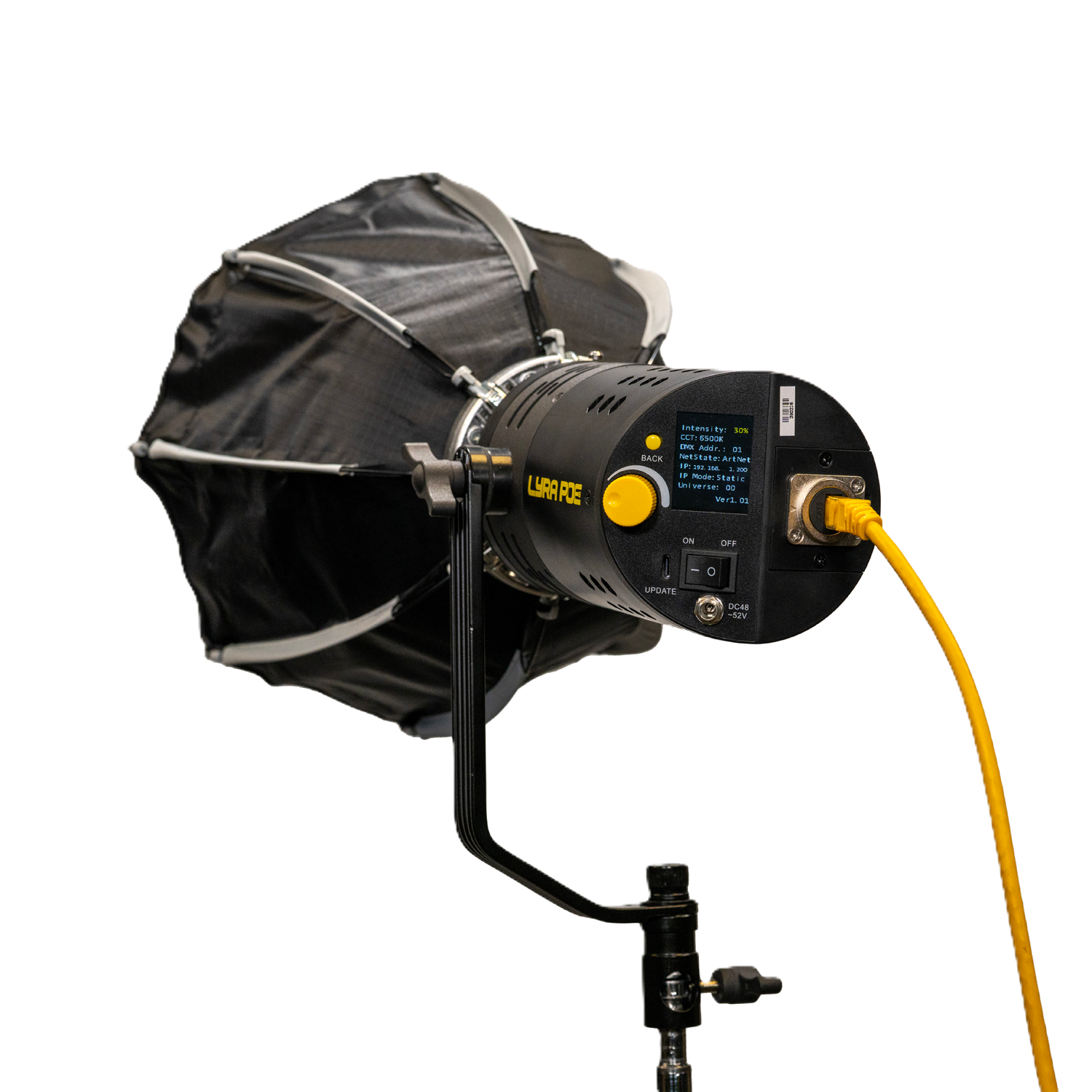 Studio light with shade and control panel on a white background