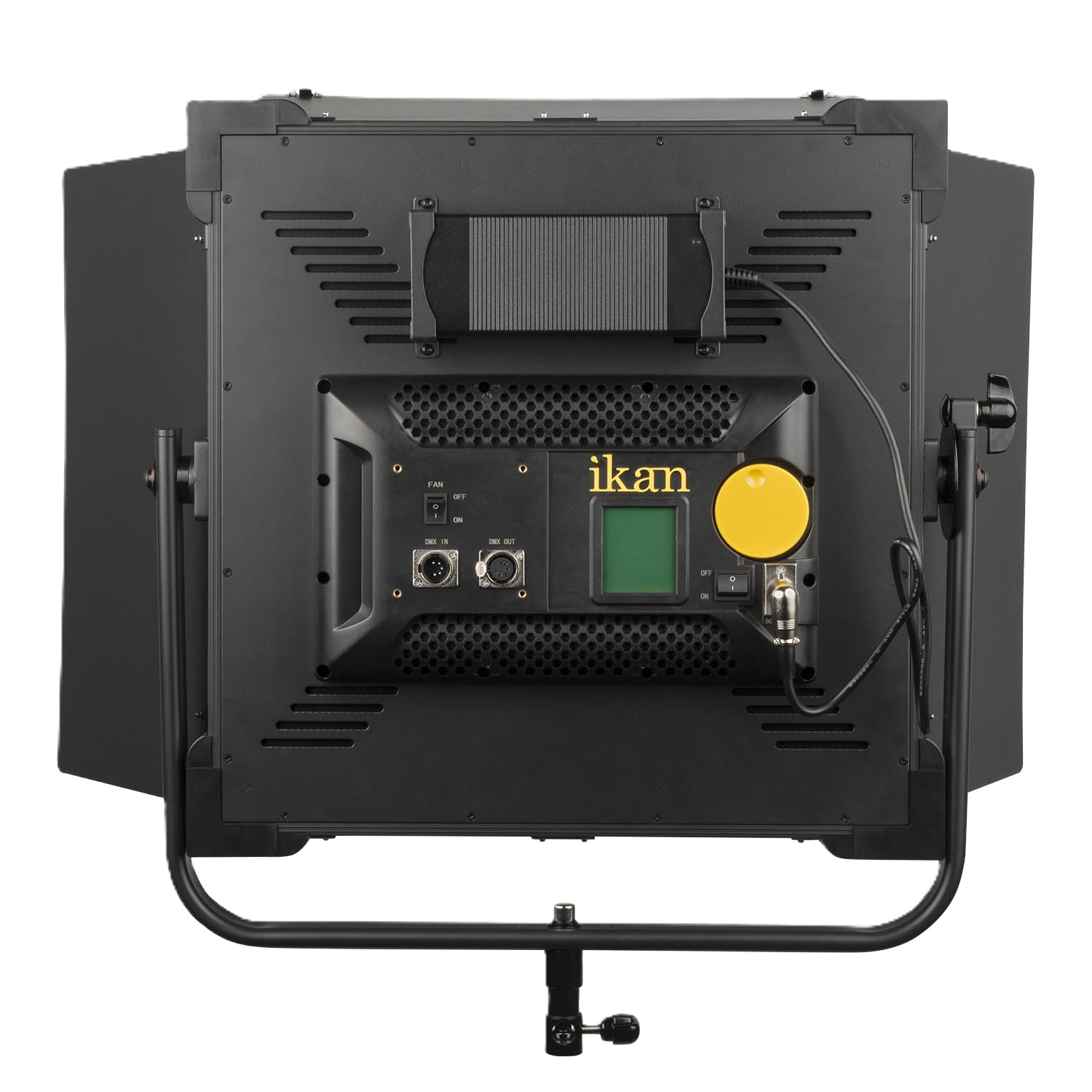 Back view of a professional lighting panel with 'ikan' branding on a white background