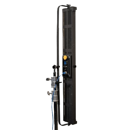 Tall black vertical unit with control panel on a white background