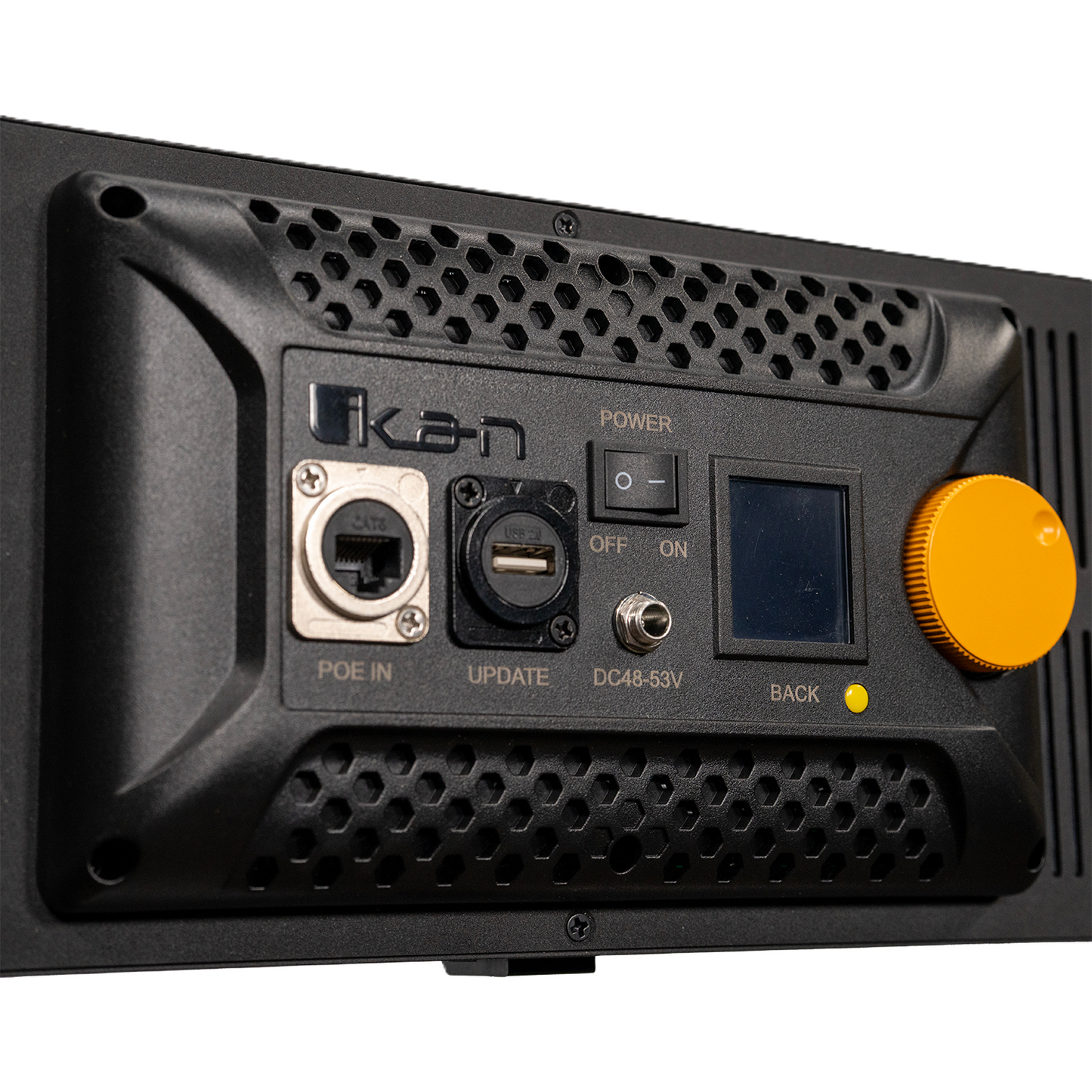 Back panel of a device with Ikan branding and various ports on a white background