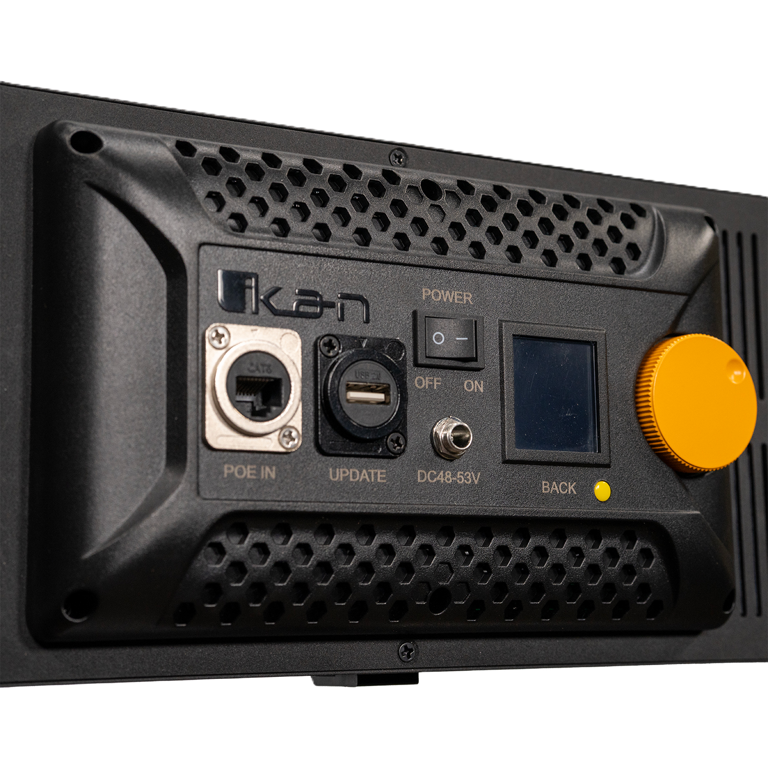 Back panel of a device with Ikan branding and various ports on a white background