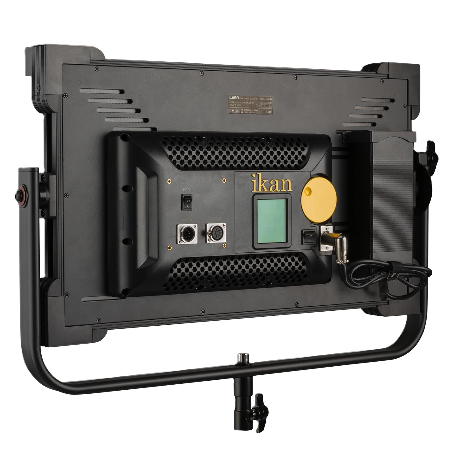 Black studio light with 'ikan' branding on a white background