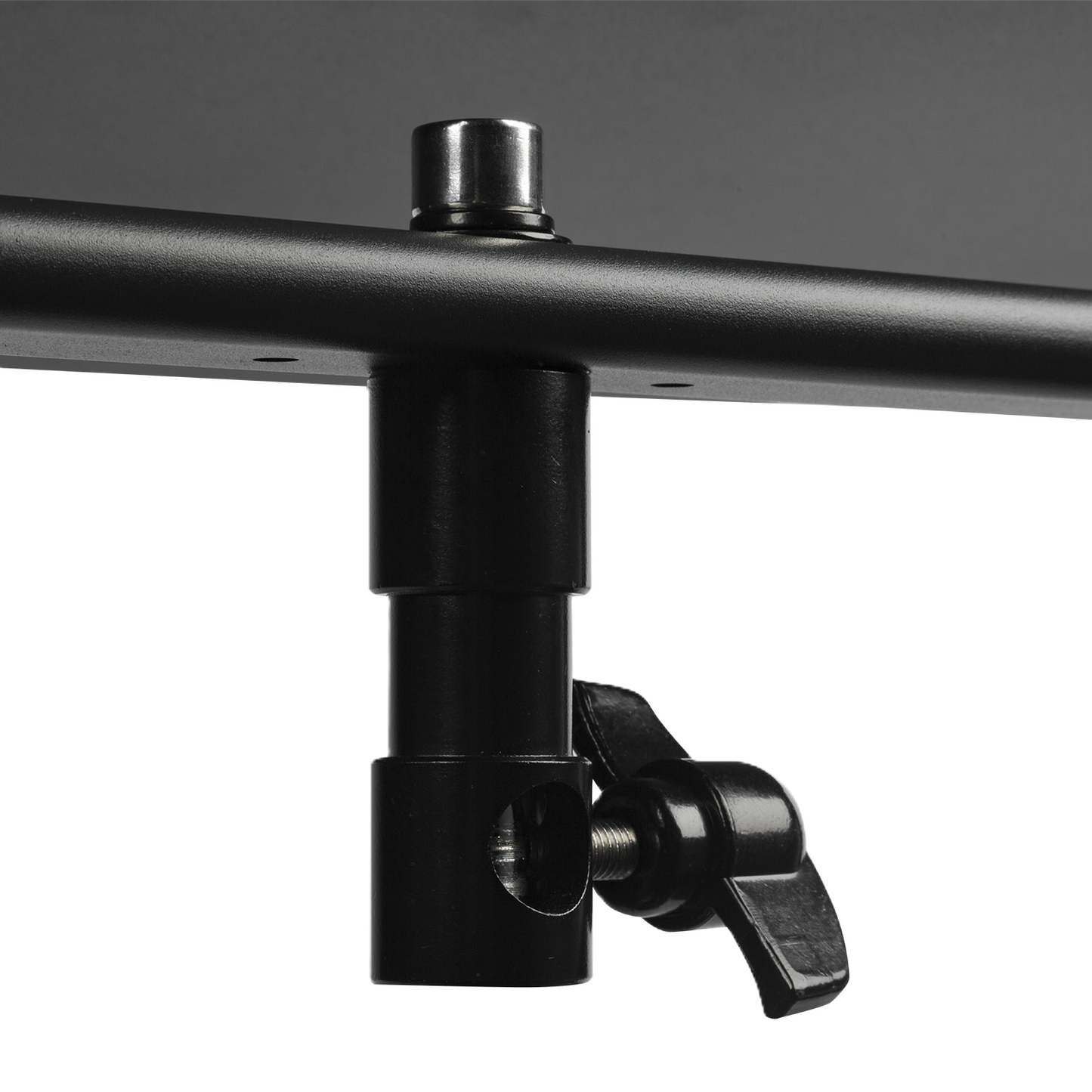 Black metal rod with adjustable clamp on a white background