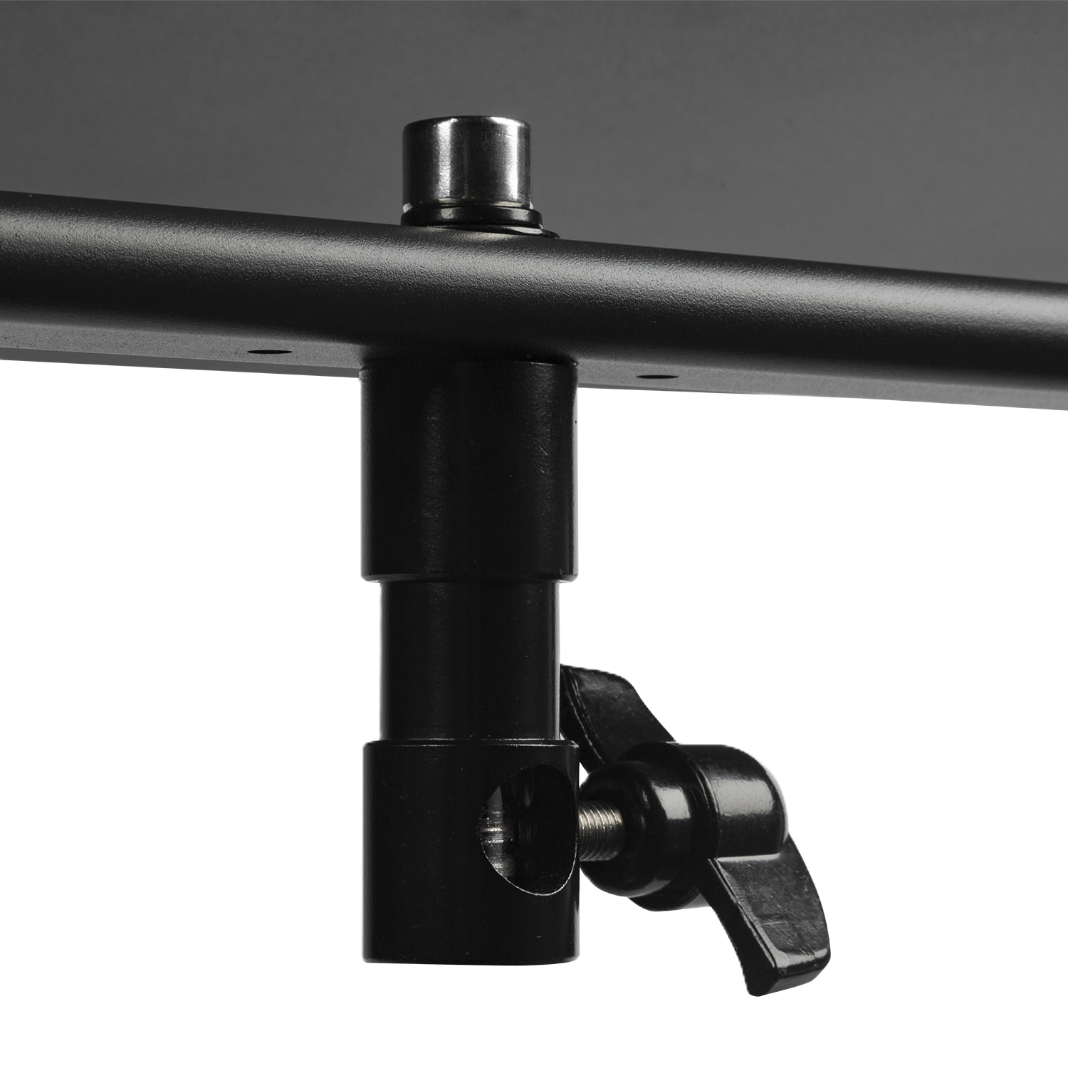 Black metal rod with adjustable clamp on a white background