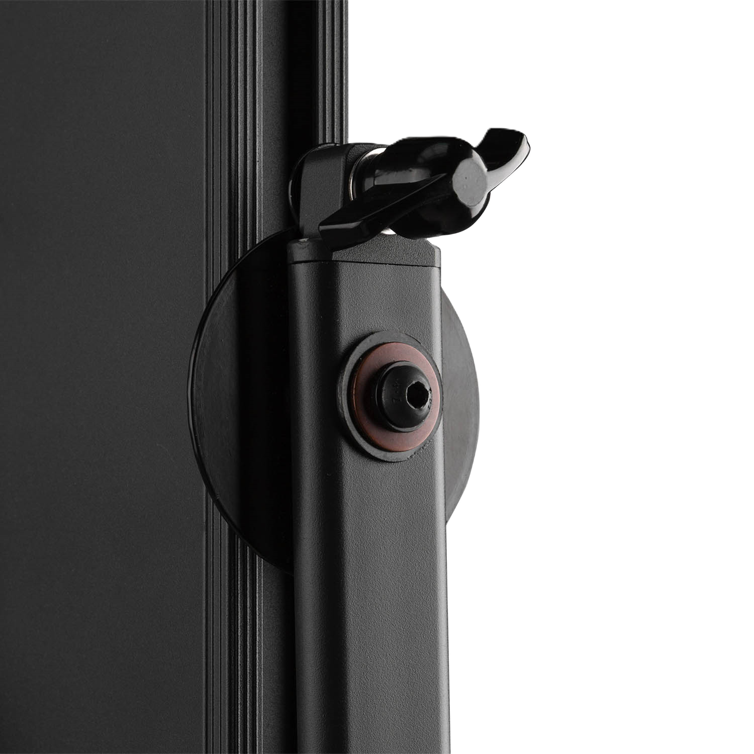 Close-up of a black mechanical component on a white background