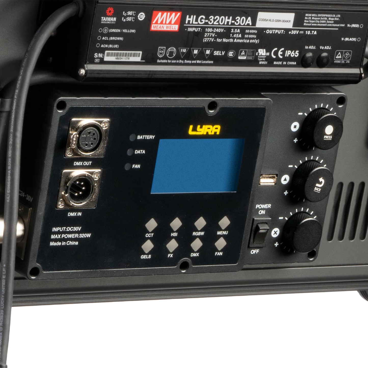 Control panel of a LYRA lighting system with various controls and display on a black background.