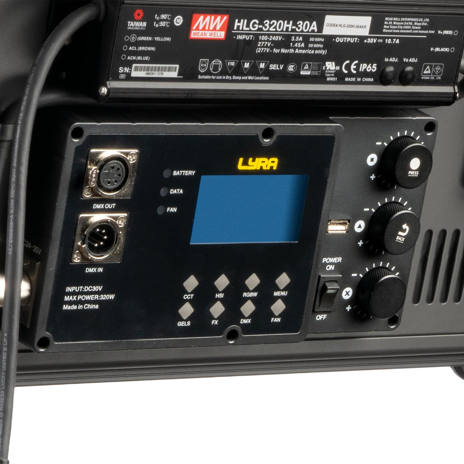Control panel of a LYRA lighting system with various controls and display on a black background.