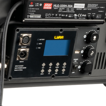 Control panel of a LYRA lighting system with various controls and display on a black background.