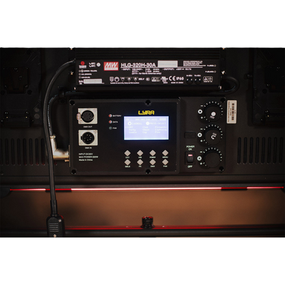 Control panel with digital display and various buttons on a dark background