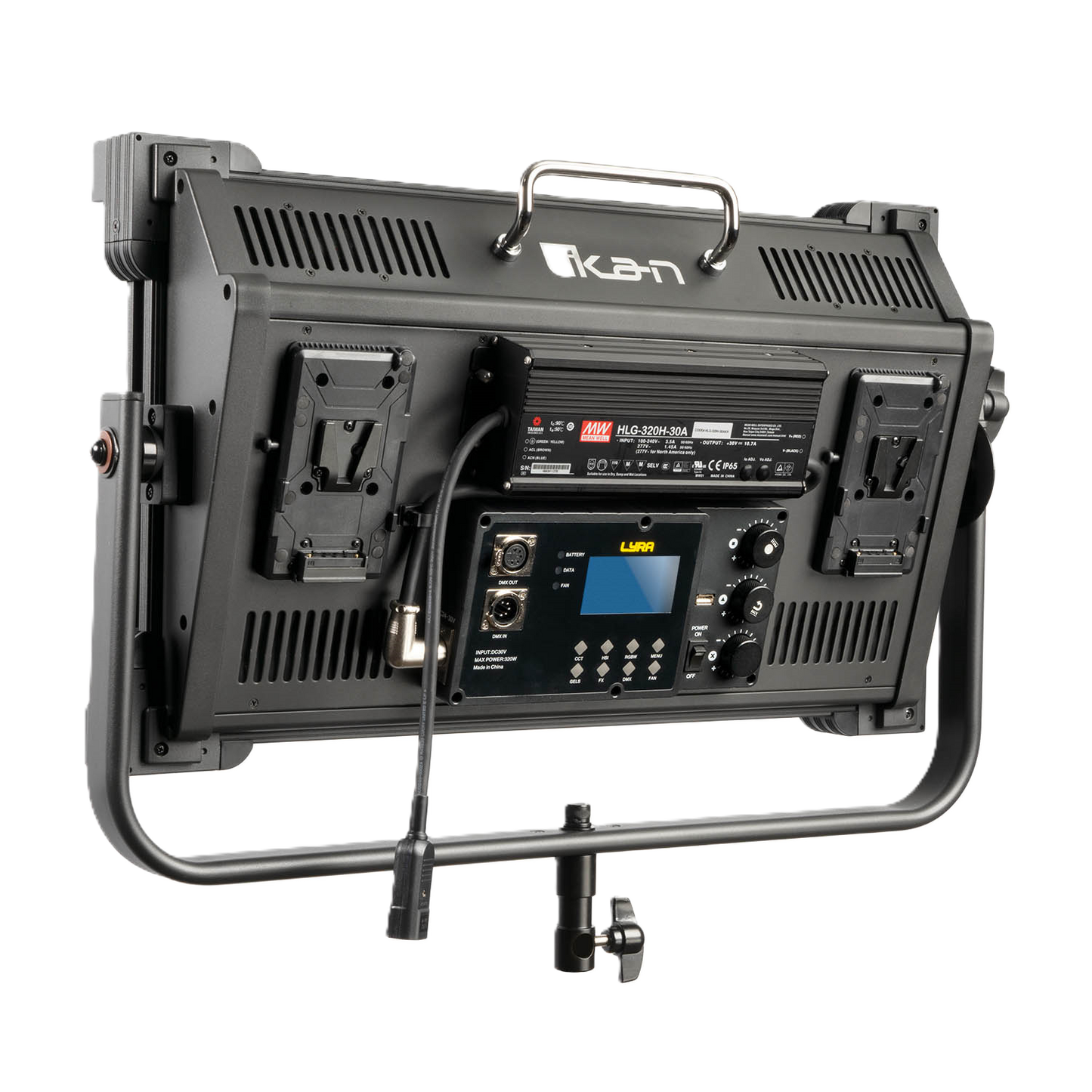 Studio light with control panel and brand logo on a white background