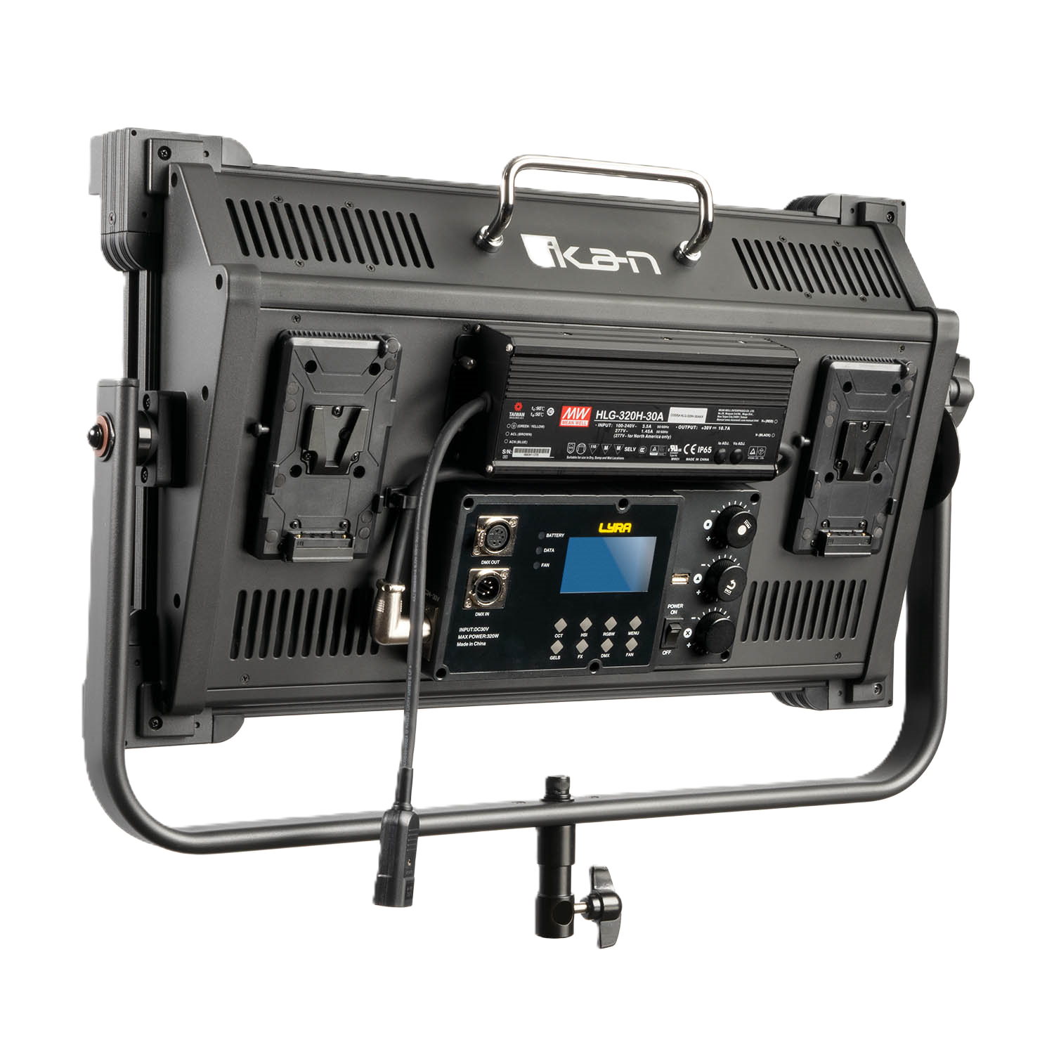 Studio light with control panel and brand logo on a white background