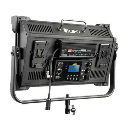 Studio light with control panel and brand logo on a white background