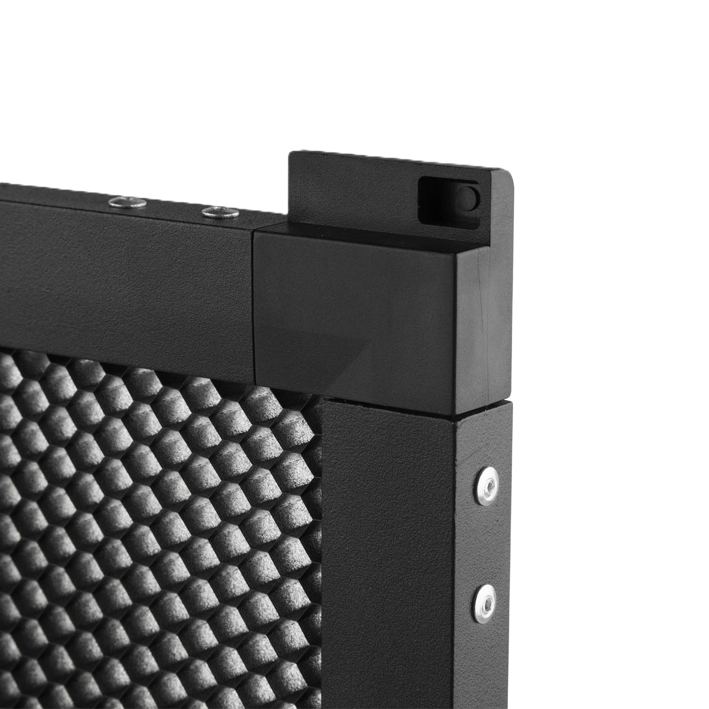 Close-up of a black metal frame with textured corner detail on a white background