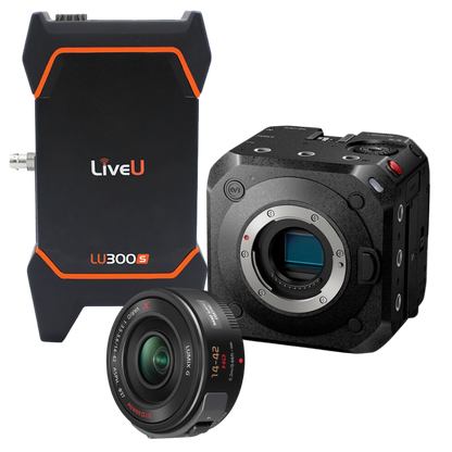 Black LiveU Lu300S wireless camera transmitter and a black camera body with a 14-42mm lens, shown on a white background.
