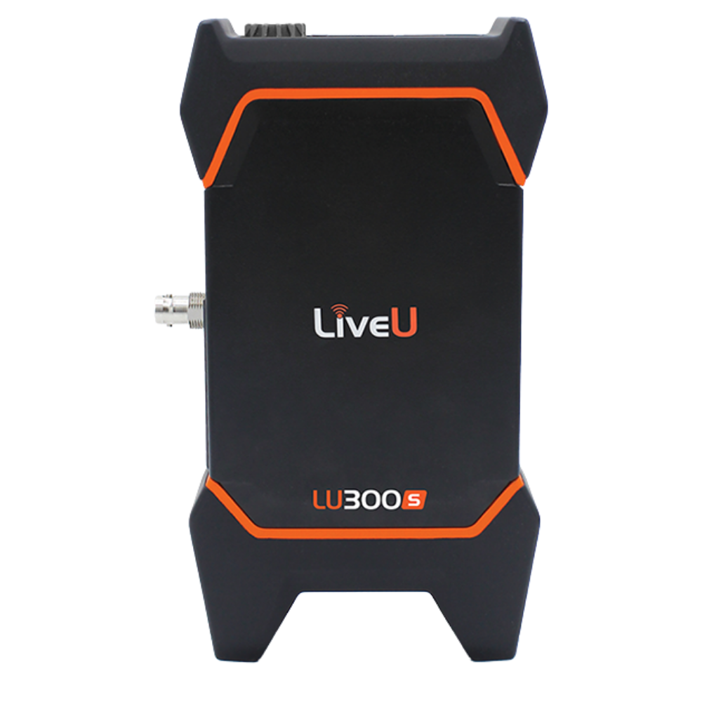 A black LiveU LU300S encoder with orange accent lines and a silver connector on the left side, shown against a plain white background.