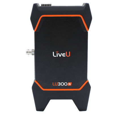 A black LiveU LU300S encoder with orange accent lines and a silver connector on the left side, shown against a plain white background.