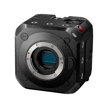 A black cinema camera body with a silver lens mount ring and a blue sensor visible inside, shown on a plain white background.