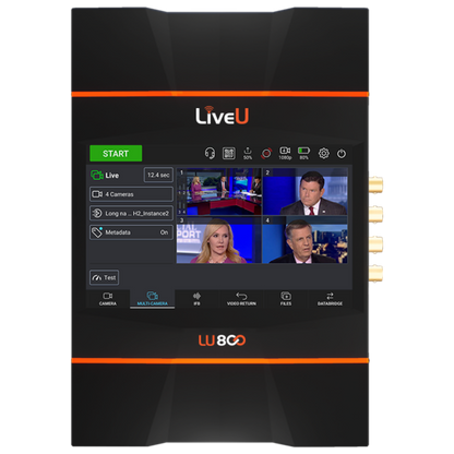 A black LiveU LW800 video surveillance and recording controller device with an orange accent line, a multi-view digital screen showing news channels and camera status, and gold connector ports on the right side.