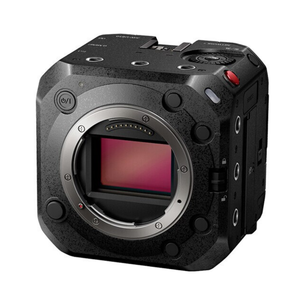 A black Cinema Studio camera body with a silver lens mount and a pink/red internal sensor area, shown on a plain white background.