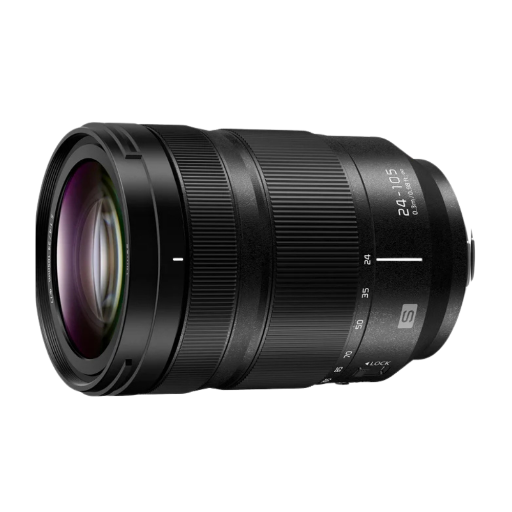 Panasonic LUMIX 24-105mm f/1.5-2.0 GM lens in black, shown at a three-quarter angle on a solid white background.