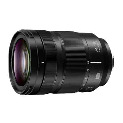 Panasonic LUMIX 24-105mm f/1.5-2.0 GM lens in black, shown at a three-quarter angle on a solid white background.
