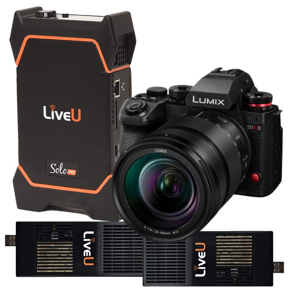 Lumix S1R mirrorless camera with a 24-70mm f/2.8 lens, shown alongside a LiveU Solo portable power station and two LiveU battery packs on a white background.