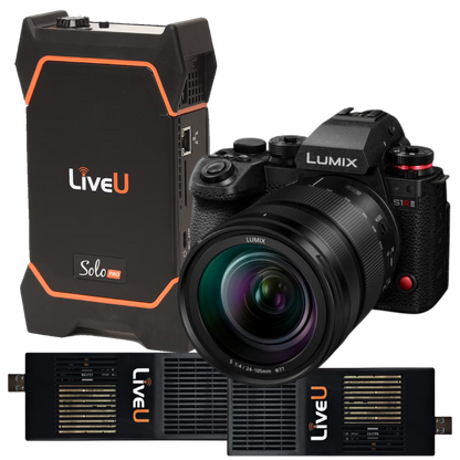 Lumix S1R mirrorless camera with a 24-70mm f/2.8 lens, shown alongside a LiveU Solo portable power station and two LiveU battery packs on a white background.