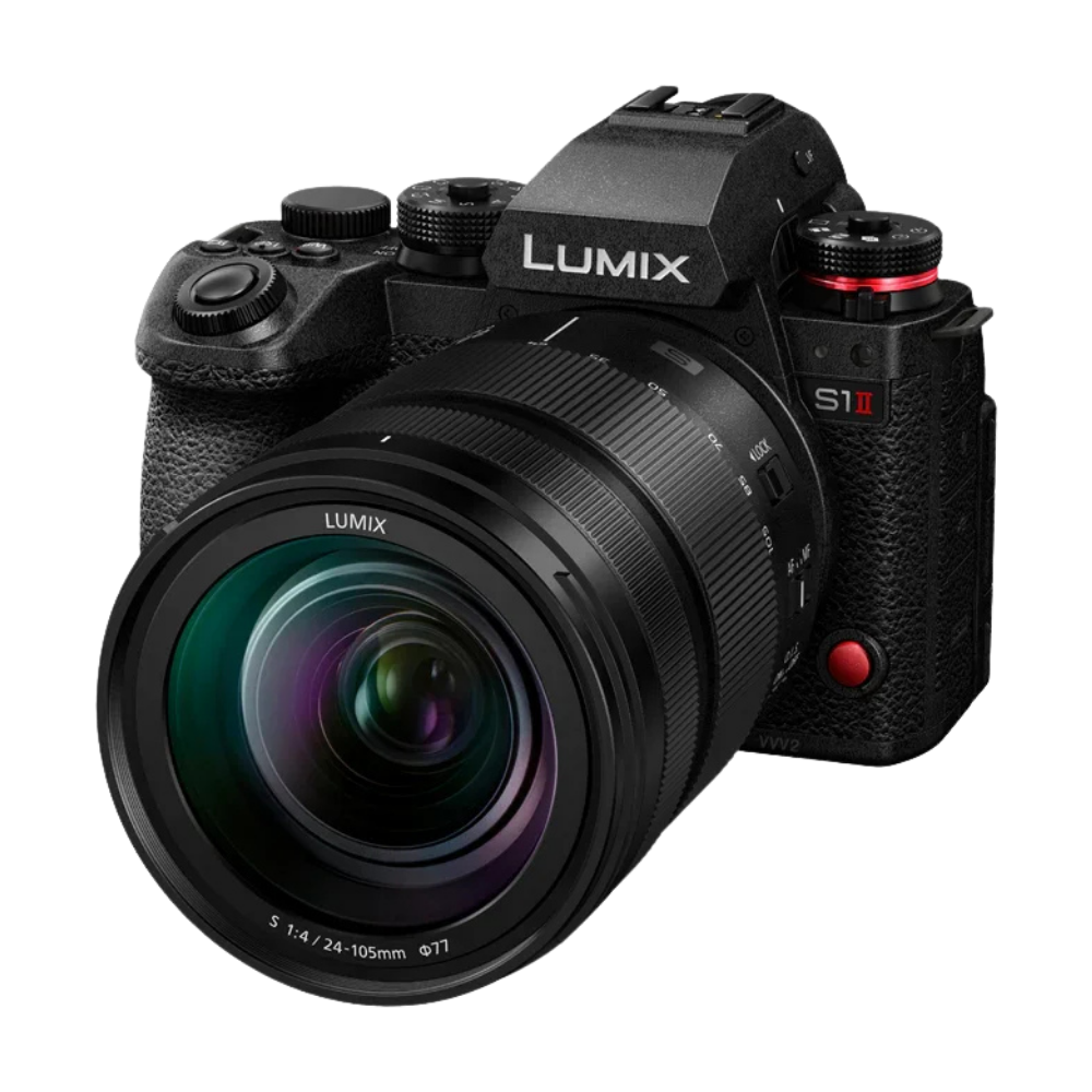 Black Lumix S1II mirrorless camera with a 24-105mm f/1.4 lens, shown from a three-quarters angle on a solid white background.