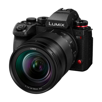 Black Lumix S1II mirrorless camera with a 24-105mm f/1.4 lens, shown from a three-quarters angle on a solid white background.