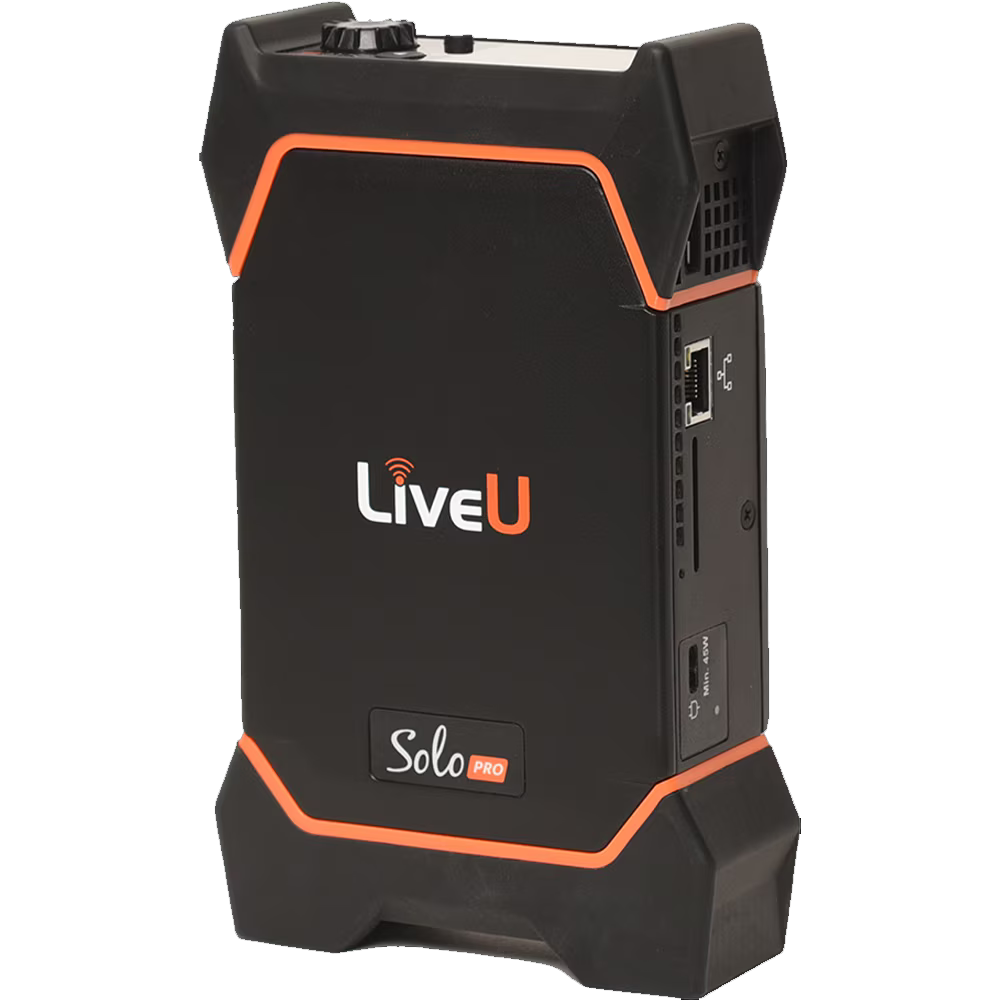 Black Solo PRO LiveU portable encoder device with orange accents and white and orange branding, shown on a plain white background.