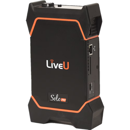 Black Solo PRO LiveU portable encoder device with orange accents and white and orange branding, shown on a plain white background.