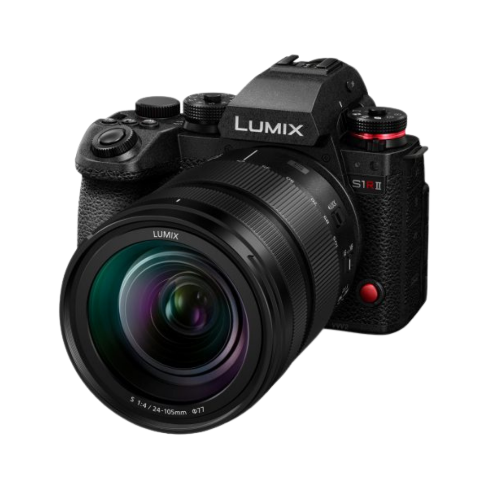 Panasonic Lumix S1 II mirrorless camera with a 24-105mm f/2.8 lens, shown from a three-quarters angle on a solid white background.