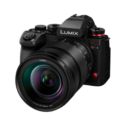 Panasonic Lumix S1 II mirrorless camera with a 24-105mm f/2.8 lens, shown from a three-quarters angle on a solid white background.