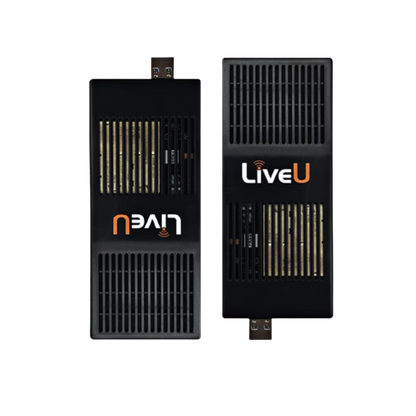 Two black LiveU cellular modems shown side by side on a plain white background.