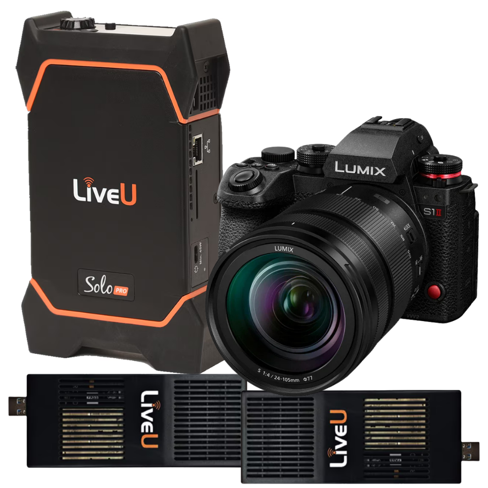 Panasonic Lumix S11 mirrorless camera with a lens, shown alongside a LiveU Solo portable power station and two additional power bricks on a white background.