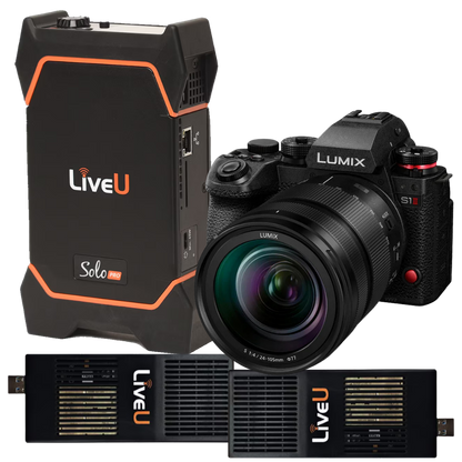Panasonic Lumix S11 mirrorless camera with a lens, shown alongside a LiveU Solo portable power station and two additional power bricks on a white background.