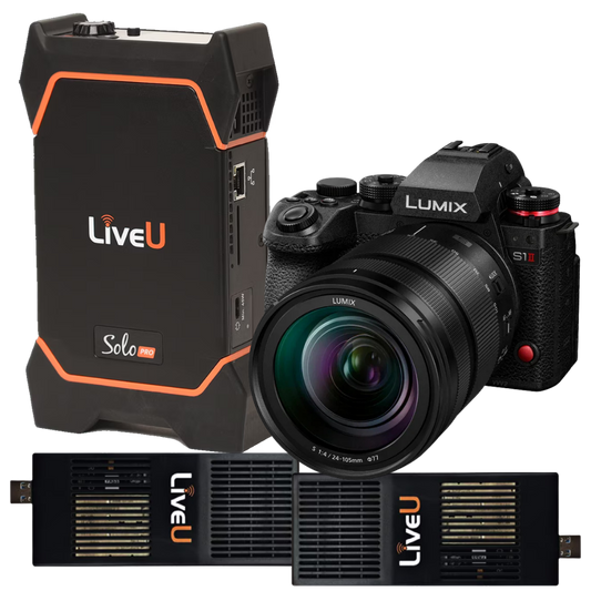 Panasonic Lumix S11 mirrorless camera with a lens, shown alongside a LiveU Solo portable power station and two additional power bricks on a white background.