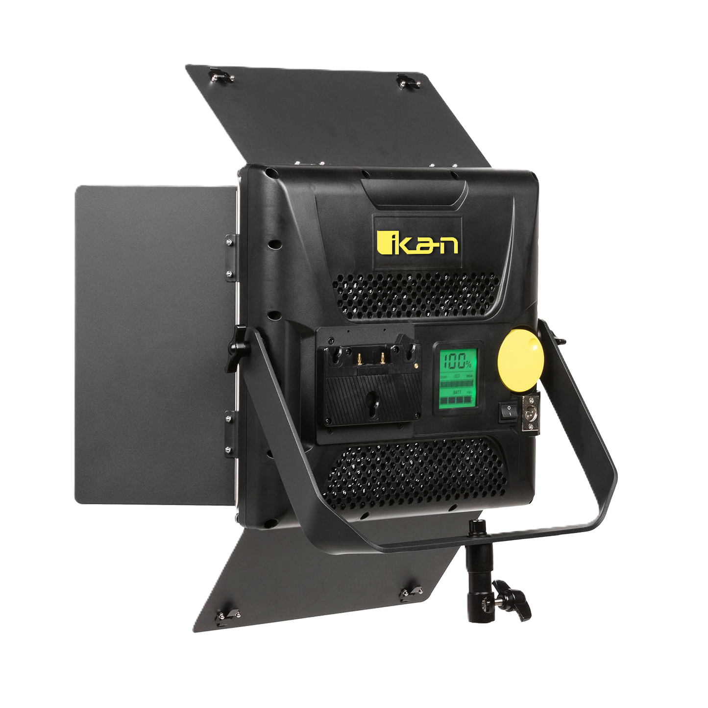 Black studio light with brand logo on a white background