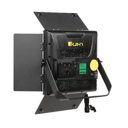 Black studio light with brand logo on a white background