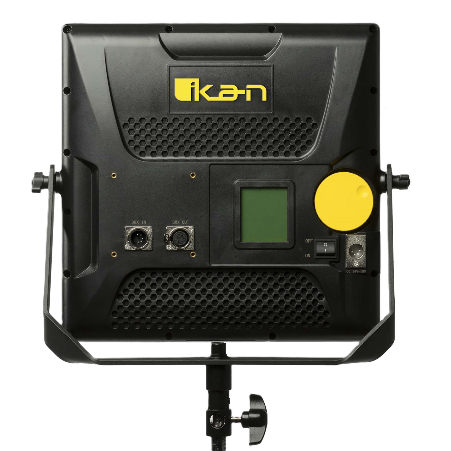 Black LED light panel with Ikan logo on a white background