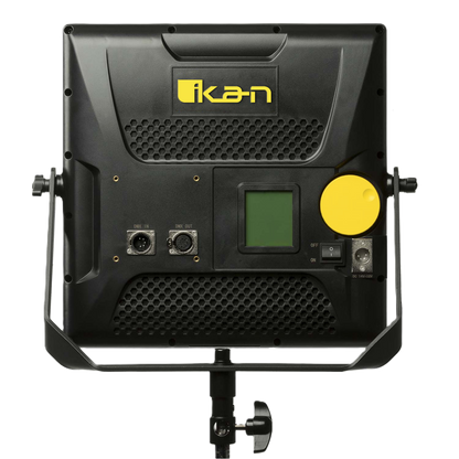 Black LED light panel with Ikan logo on a white background