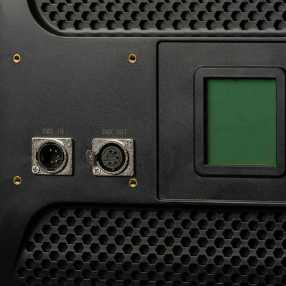 Control panel with DMX connectors and a green display on a black background