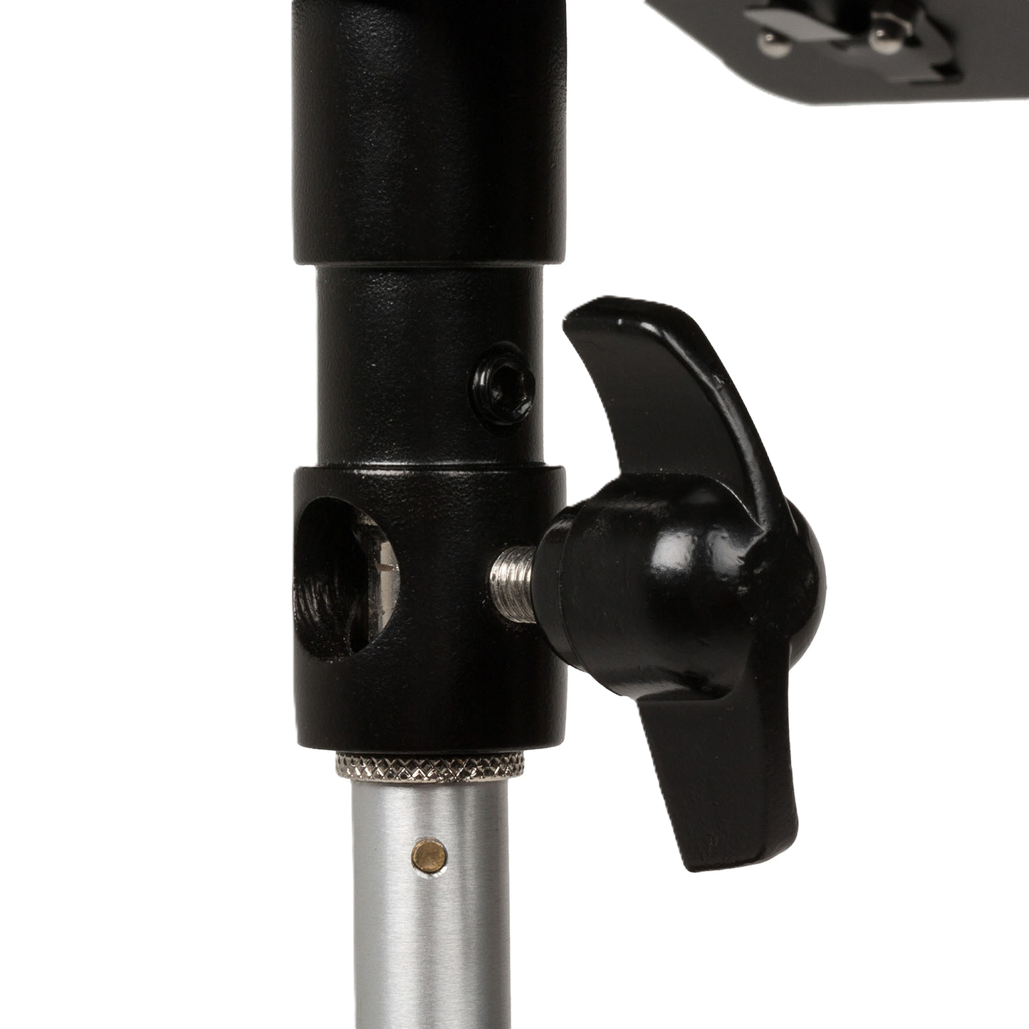Close-up of a black adjustable clamp on a white background