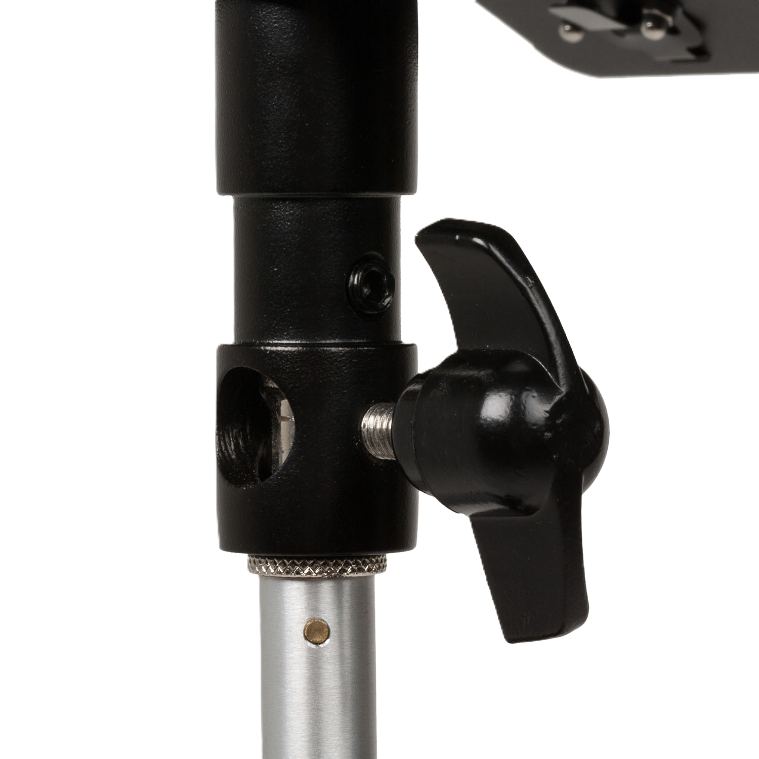 Close-up of a black adjustable clamp on a white background