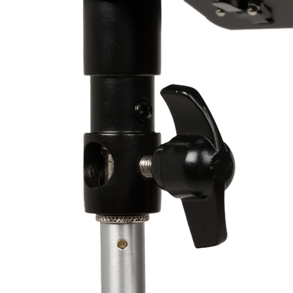 Close-up of a black adjustable clamp on a white background