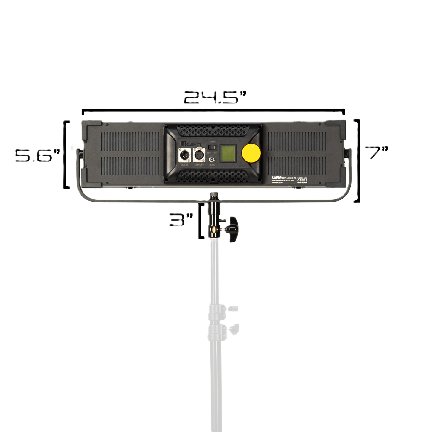 iKan Lyra Low Profile Daylight Studio Panel Soft LED Light w/ DMX Control Measurement chart of a light panel with dimensions labeled on a white background