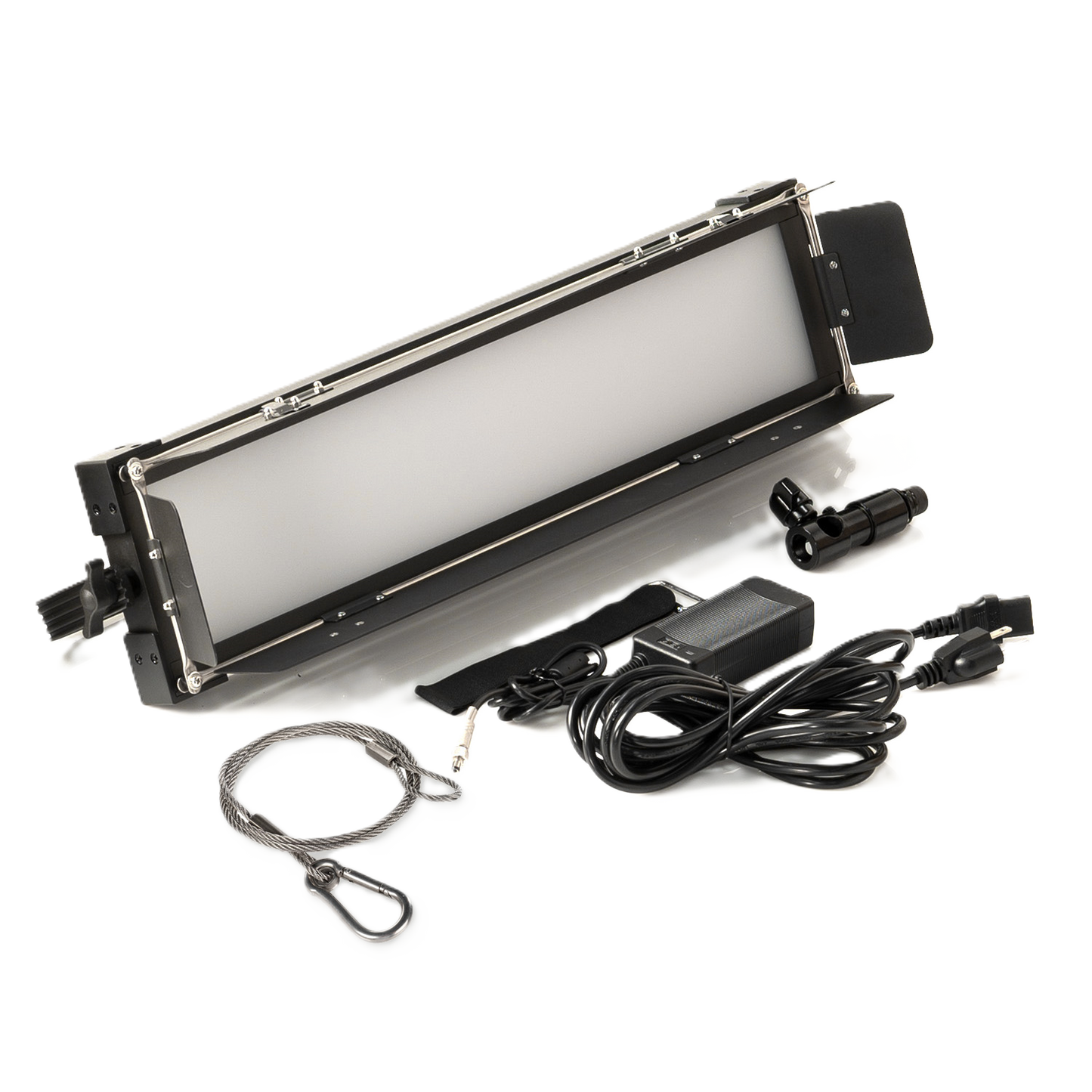 iKan Lyra Low Profile Daylight Studio Panel Soft LED Light w/ DMX Control Rectangular light fixture with power cord and accessories on a white background