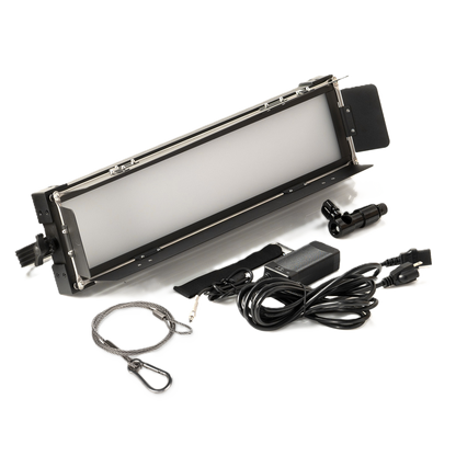 iKan Lyra Low Profile Daylight Studio Panel Soft LED Light w/ DMX Control Rectangular light fixture with power cord and accessories on a white background